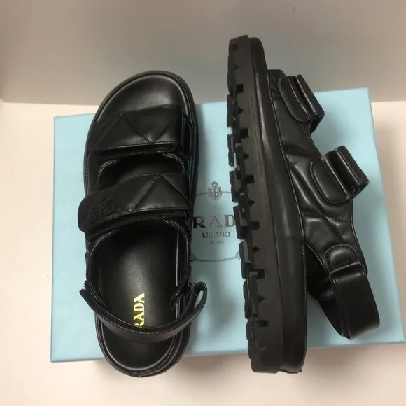 Prada Padded Nappa Quilted Leather Slingback Sporty Sandals Black